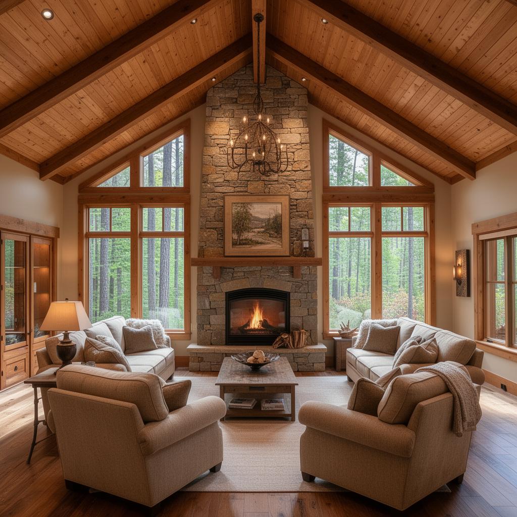 Warm cabin living room with stone fireplace
